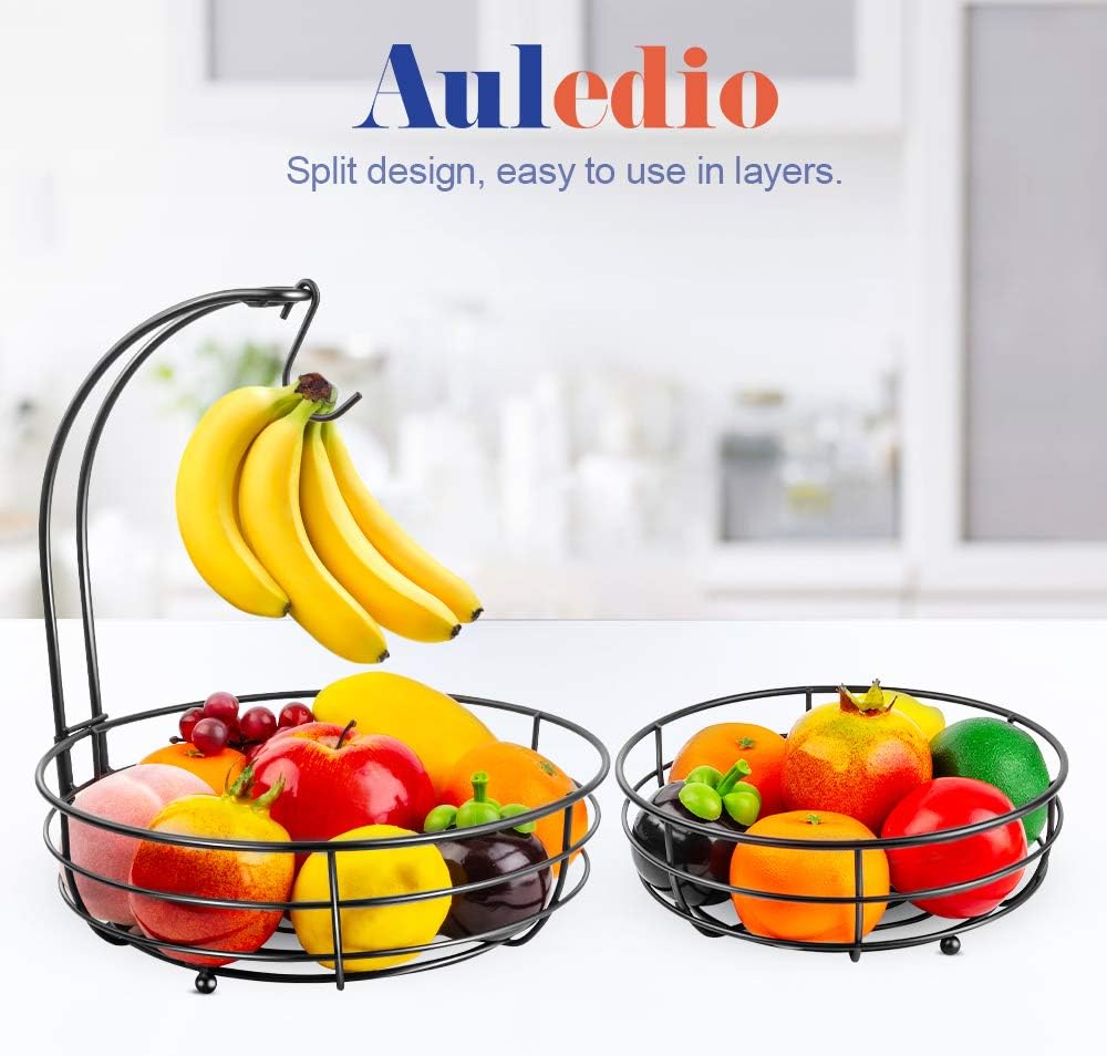 Auledio Iron 2-Tier Countertop Fruit Vegetables Basket Bowl Storage With Banana Hanger