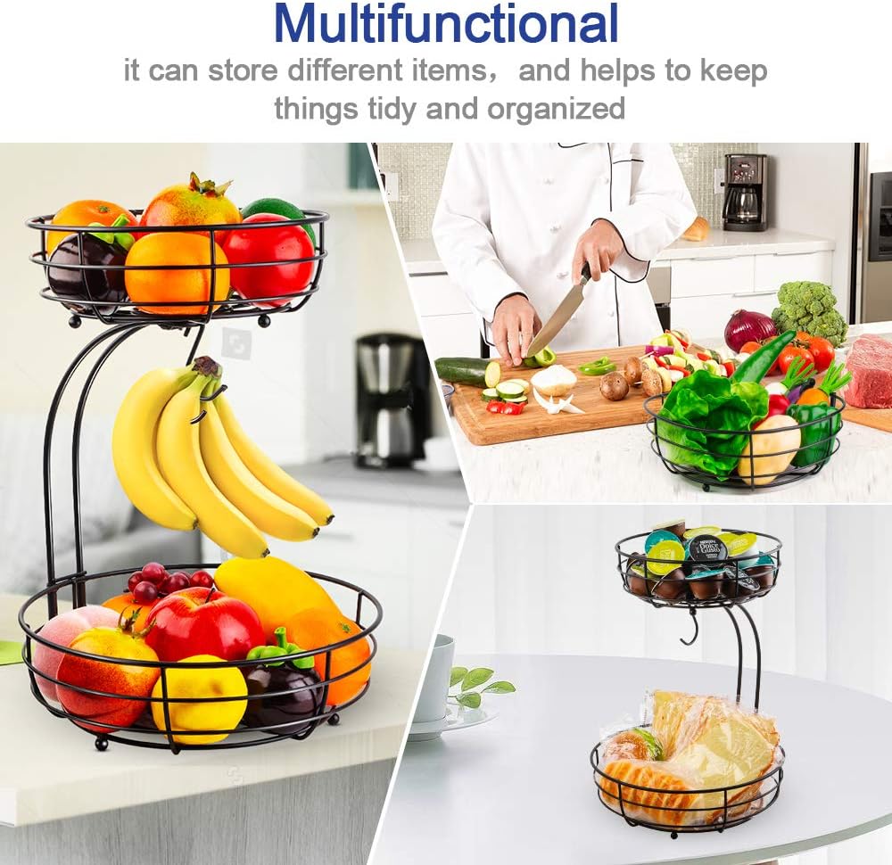 Auledio Iron 2-Tier Countertop Fruit Vegetables Basket Bowl Storage With Banana Hanger