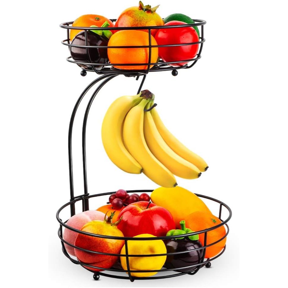 Auledio Iron 2-Tier Countertop Fruit Vegetables Basket Bowl Storage With Banana Hanger