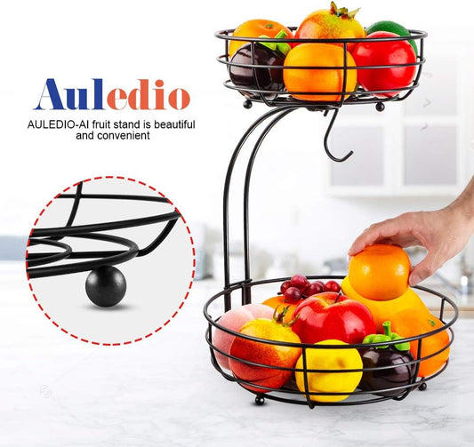 Auledio Iron 2-Tier Countertop Fruit Vegetables Basket Bowl Storage With Banana Hanger