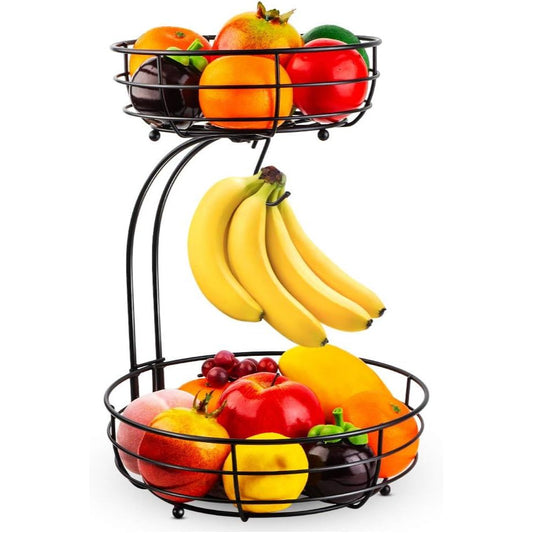 Auledio Iron 2-Tier Countertop Fruit Vegetables Basket Bowl Storage With Banana Hanger